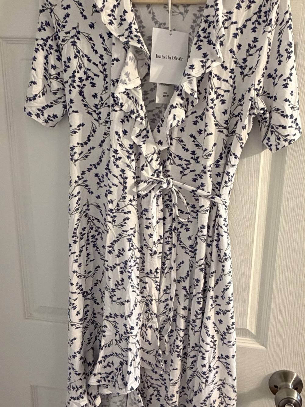 Isabella Oliver White Dress with Navy Floral Print and Ruffle Wrap maternity